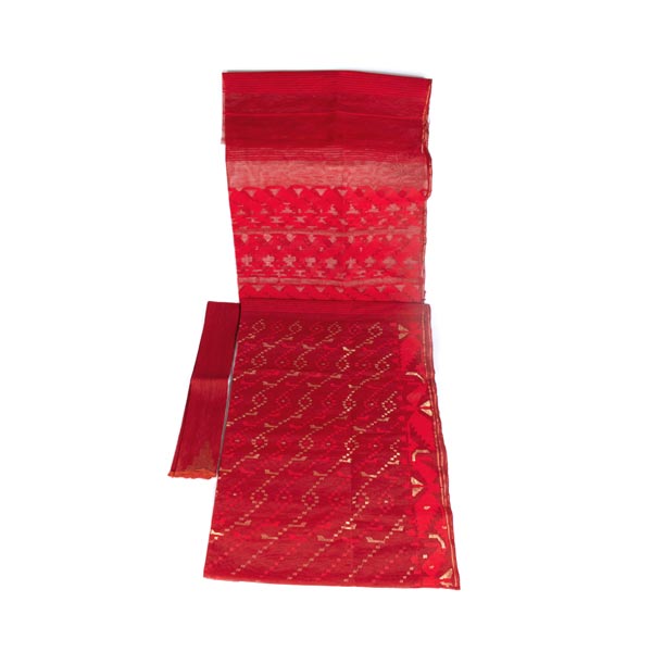 Pure Handloom Dhakai Jamdani Silk Cotton Tant Saree,  For Woman (Red Color) 