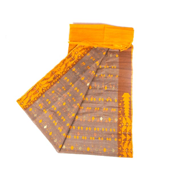 Pure Handloom Dhakai Jamdani Silk Cotton Tant Saree,  For Woman (Yellow and Brown Color) 