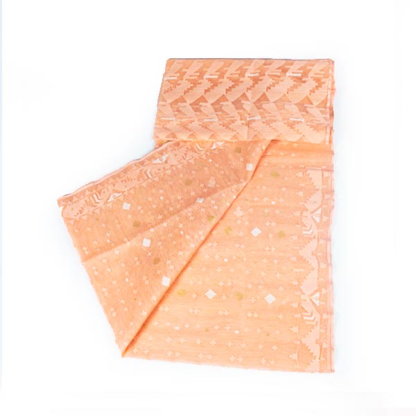 Pure Handloom Dhakai Jamdani Silk Cotton Tant Saree,  For Woman (Peach Color) 